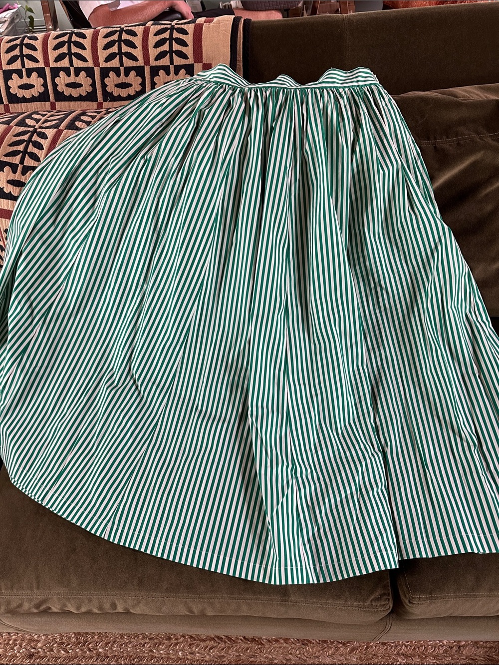 Boden Green and White Striped Full A-Line Skirt